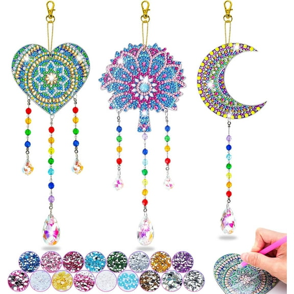 Gift Ideas Craft Set Children from 5 6 7 8 Years Diamond Painting Toy from 5-12 Years Sun Catcher Crystals for Hanging Wind Chime Crafts (Tree + Crescent + Heart)
