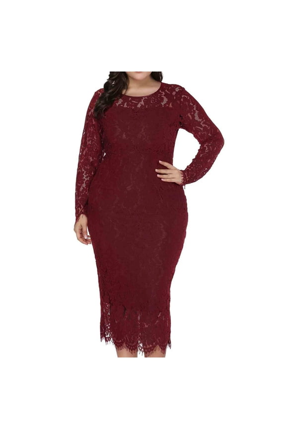 Gift Ideas for Mom,Knee Length Dresses for Woman Plus Size Hollow Out Lace Long Dress Evening Dress Party Dress Wine Size 18