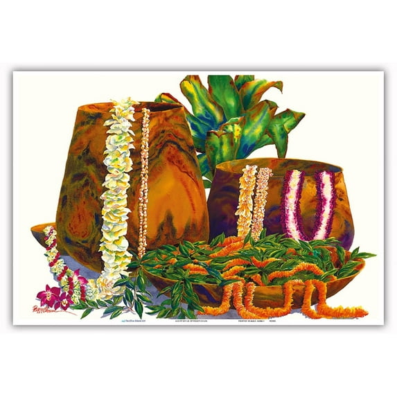A Gift of Lei - Hawaiian Leis Koa Wood Bowls Ti Leaves - From an Original Hawaii Watercolor Painting by Peggy Chun - Master Art Print (Unframed) 13in x 19in