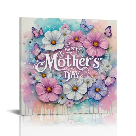 Gift for MOM Vintage Happy Mother's Day with Flower and butterfly Picture Canvas Wall Art Painting Framed ,Mother's Day Christmas Birthday Gift,Grandmom Gift Perfect for Home Decor, Bedroom Decoration