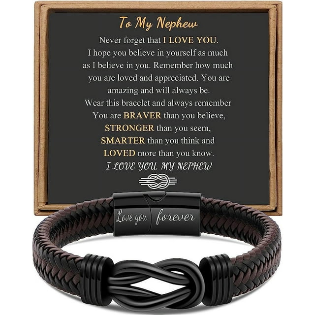 Gift for Men Infinity Bracelet for Men Dad Husband Boyfriend Son Grandson Brother Nephew Uncle Brown Braided Leather Forever Linked Together Stainless Steel Engraved with Love You Forever Jewelry