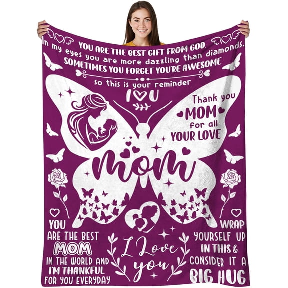 Gift for Mom Blanket, I Love You Mother Blanket for Mother Birthday Gifts from Daughters Son, Boy Mom Gifts, Birthday Present for Women, Butterfly Purple, 50''''x60''''