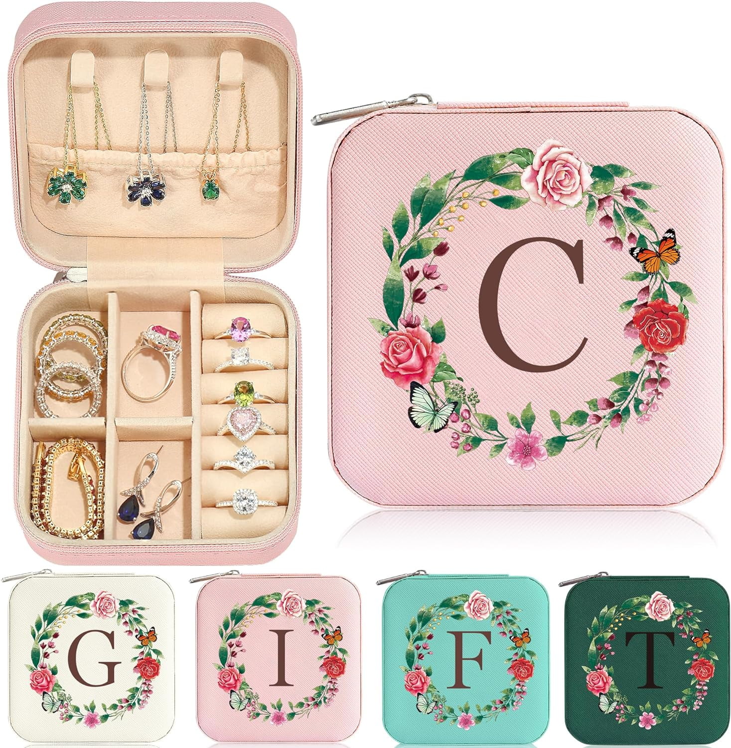 Gift For Mom - Personalized Birthday Gift For Mom | Initial Travel Jewelry Case | Small Jewelry Box For Women | Mom Gifts From Daughters | Mom Gift For Women - Letter C, Pink[Z2856]
