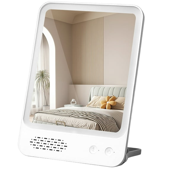 Vanity Mirror with Lights & Bluetooth Speaker, 6.9" × 9.6" Lighted Makeup Mirror with Stand, Foldable Travel Mirror, Dimmable Brightness, 10X Magnification, White