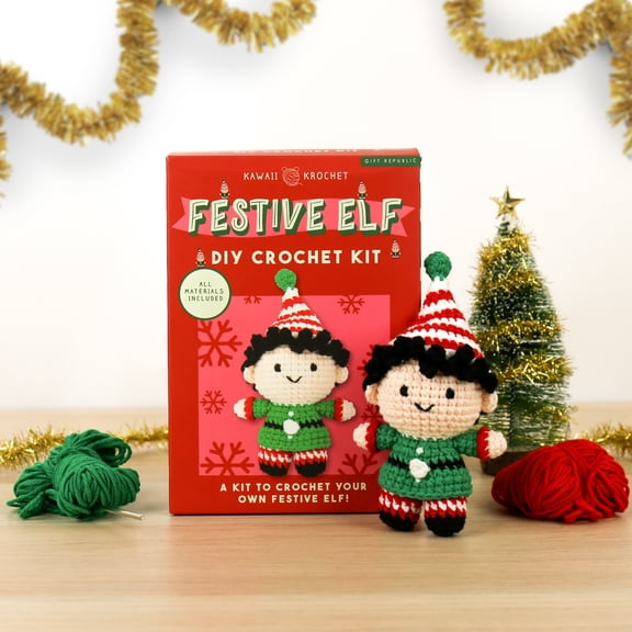 Gift Republic Festive Elf DIY Crochet Kit Beginner-Friendly Christmas Craft Set with Yarn, Crochet Hook & Instructions for Teens and Adults