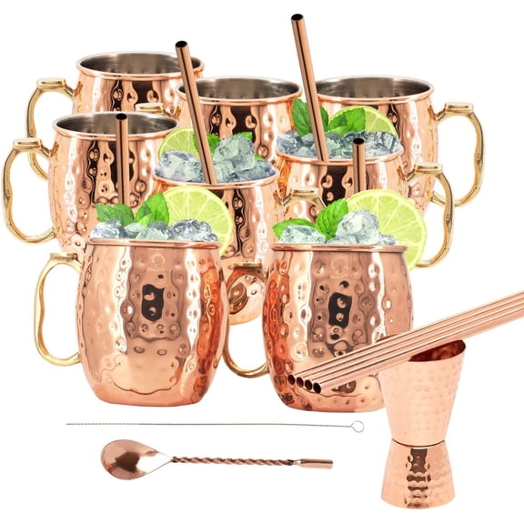 [Gift Set]  Moscow Mule Mugs, Stainless Steel Lined Copper Moscow Mule Cups Set of 24 (19 OZ) w/Straws, Jigger, Spoon & Brush | Tarnish-Resistant Stainless Steel Interior