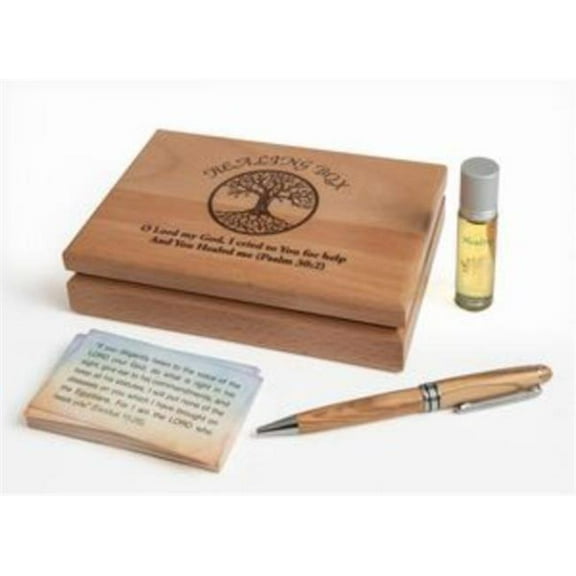 Holy Land Gifts 376303 Prayers For Healing Deluxe Box Pen 31 Cards & Oil - Olivewood Box Gift Set - No.8246