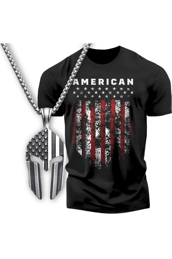 American Shield Workout Gym Shirt Gift Set for Men – Spartan Warrior Pendant, Mens Gym Shirt, Fitness Gift, Motivational T-Shirt