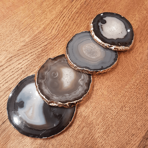 24K Gold Plated Gift Set of Four Genuine Brazilian Drink Agate Coasters Geode Slices- NATURAL (3"- 3.5")