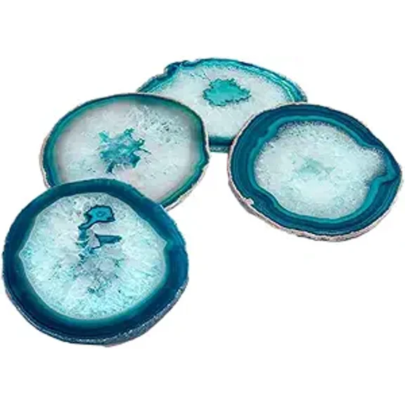 Gift Set of Four Genuine Brazilian Drink Agate Coasters Geode Slices- TEAL (3"- 3.5")