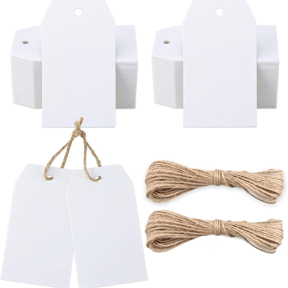 Gift Tags,100 Pcs White Paper Blank Gift Tags with String for Wedding Favors,Craft Tags with Natural Jute Twine