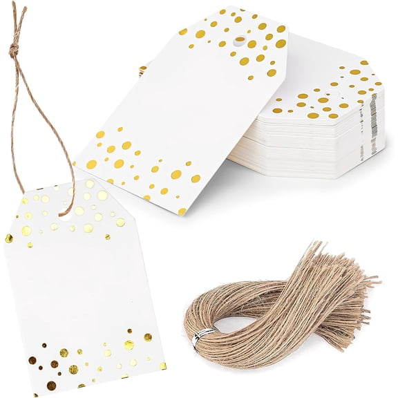 Gift Tags with String Attached, Foil Gold Dots Gift Tags for Wedding Present Wrapping Birthday Party Favors