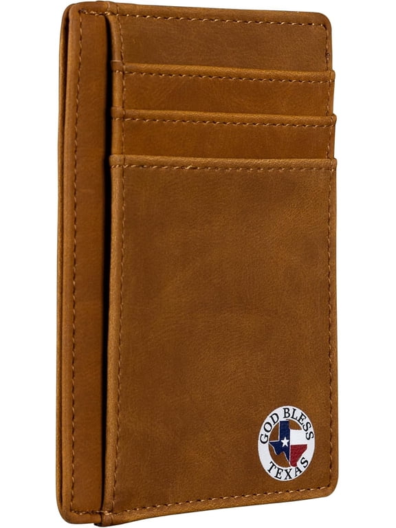 Gift for Texans and their lovers (God Bless Texas on Cardholder) Slim Front Pocket Wallet, PU Leather, Khaki, Card Holder, RFID Blocking with Texas Souvenir Logo,