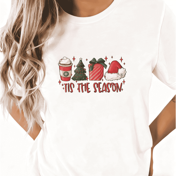 Gift Tis The Season Christmas Graphic Tee T-Shirt Print Top Casual Short Sleeve Round Neck White S-5XL