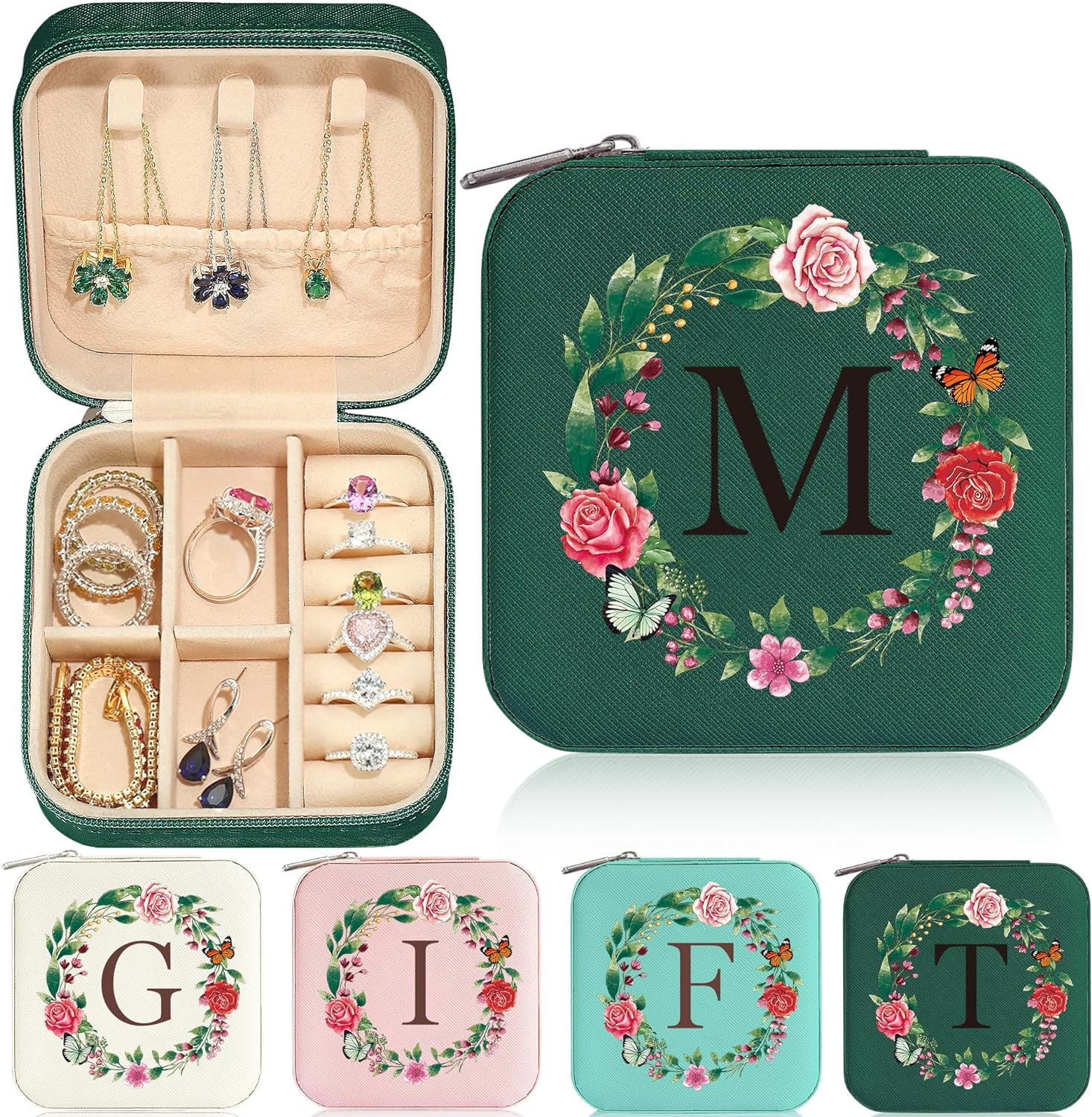 Gift For Women Girl - Teenage Girl Gift Idea Tween Teen Girl Gift | Initial Travel Jewelry Case | Small Jewelry Box Women Girl | Birthday Gift Mom Daughter Friend Her - Letter M, Green[Z2859]