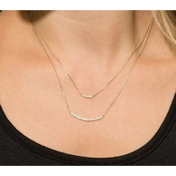 Gift Women's Double Strand Curved Bar Lab Craeted Diamond Pendant Necklace in 14k Yellow Gold Plated