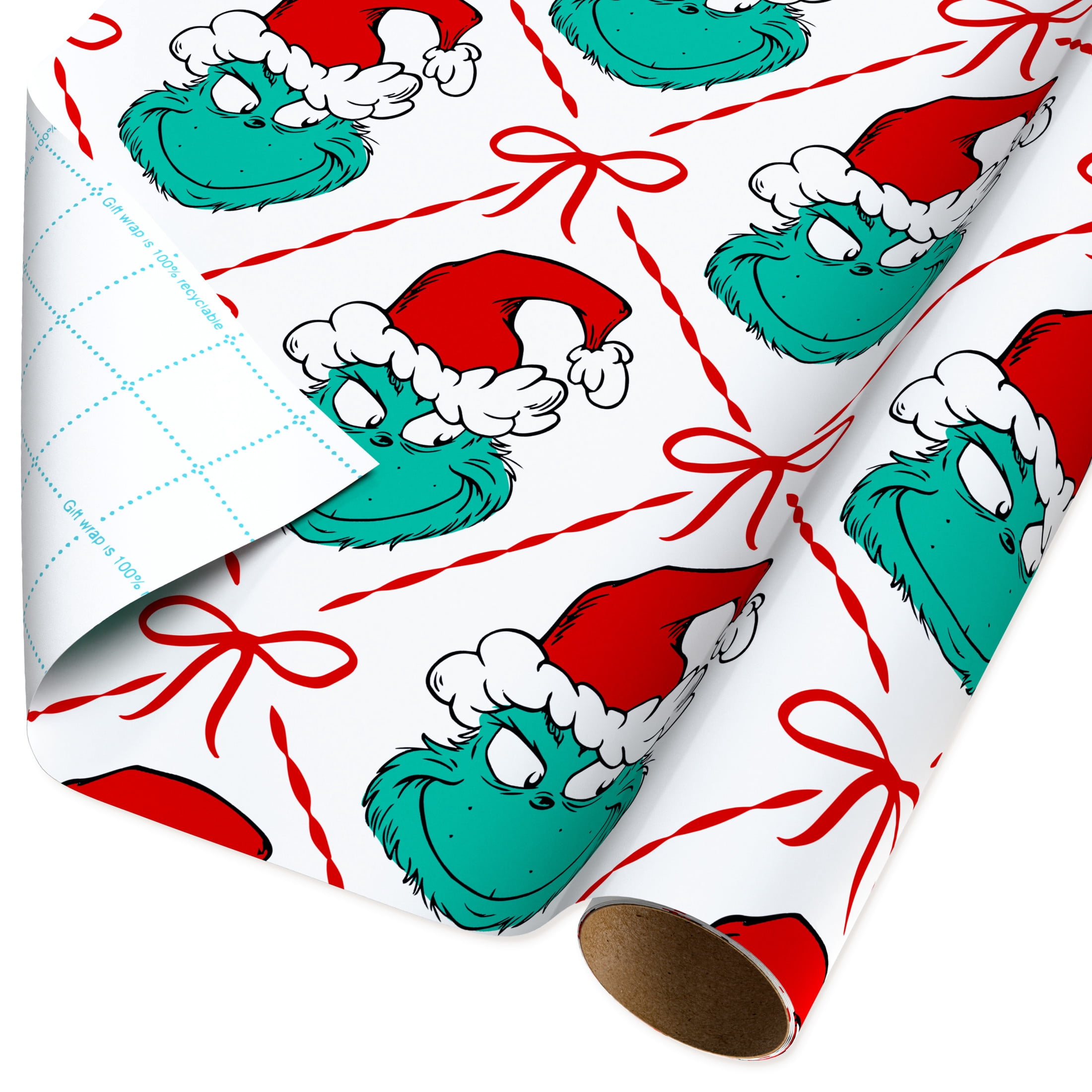 Plus Mark 40 in. Grinch and Bow White Christmas Wrapping Paper with Cutlines (60 Sq. ft., 1-Roll)