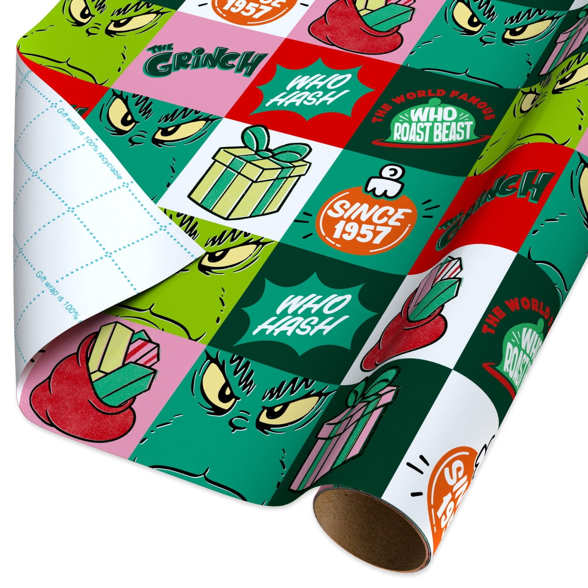 Plus Mark 40 in. Grinch Multi-color Block Christmas Wrapping Paper with Cutlines (60 Sq. ft., 1-Roll)