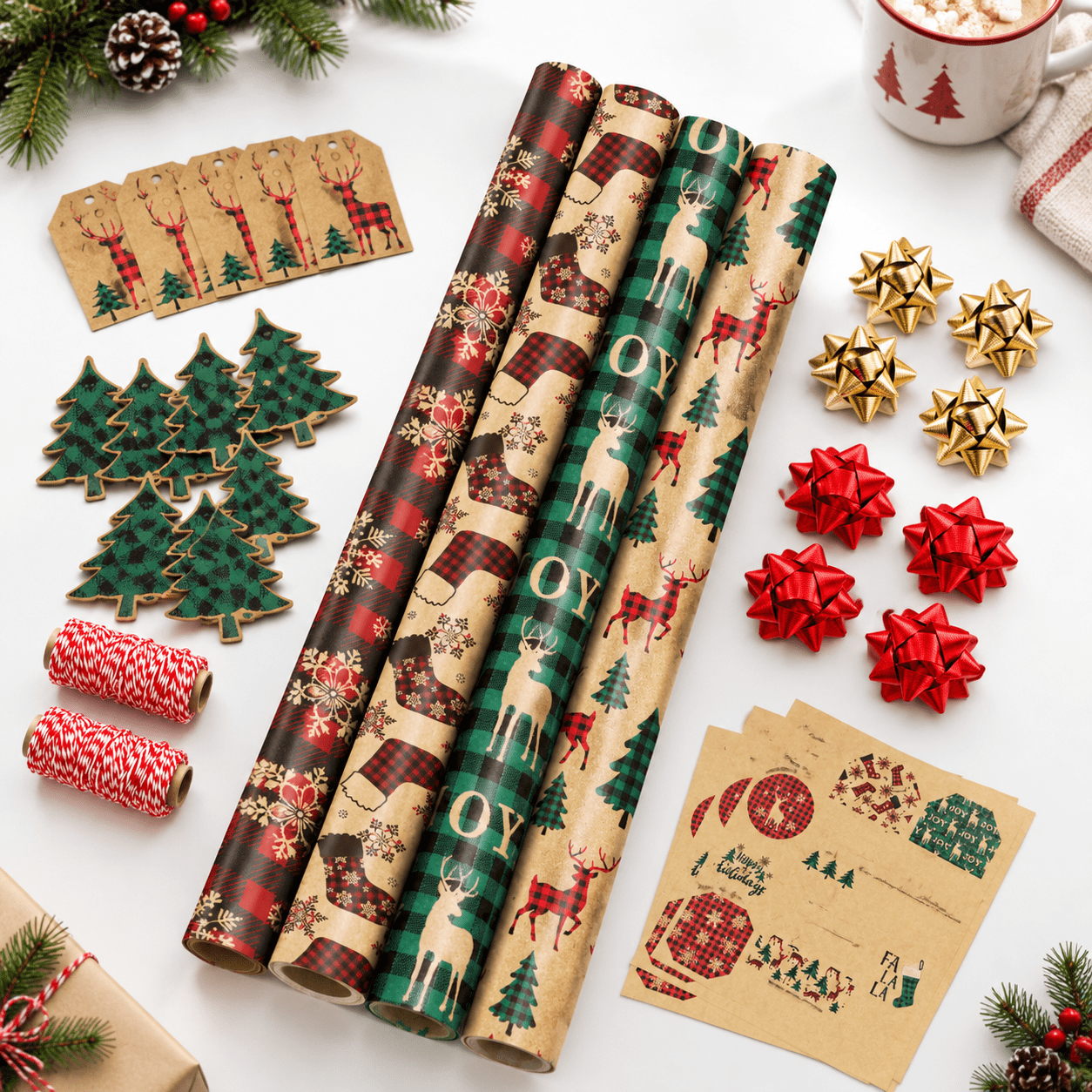 Gift Wrap Paper Set-Red Plaid, 4 Rolls with Tags, Bows, Jute String ...