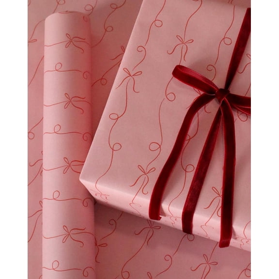 Gift Wrap Roll Bow Ribbon Stripe in Pink & Red Wrapping Paper Holiday Present Wrap for Christmas or Birthday, Winter Festive Decorative Packaging, Vintage Xmas Gift