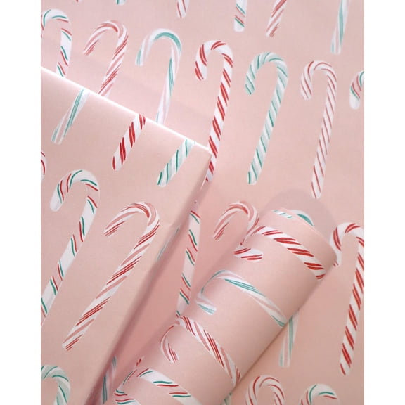 Gift Wrap Roll, Watercolor Candy Canes on Pink, Wrapping Paper, Christmas Holiday, Wrapping Paper Roll, Christmas Gift Wrap 58x23in