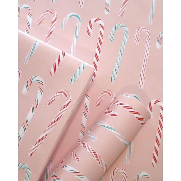 Gift Wrap Roll, Watercolor Candy Canes on Pink, Wrapping Paper, Christmas Holiday, Wrapping Paper Roll, Christmas Gift Wrap 58x23in