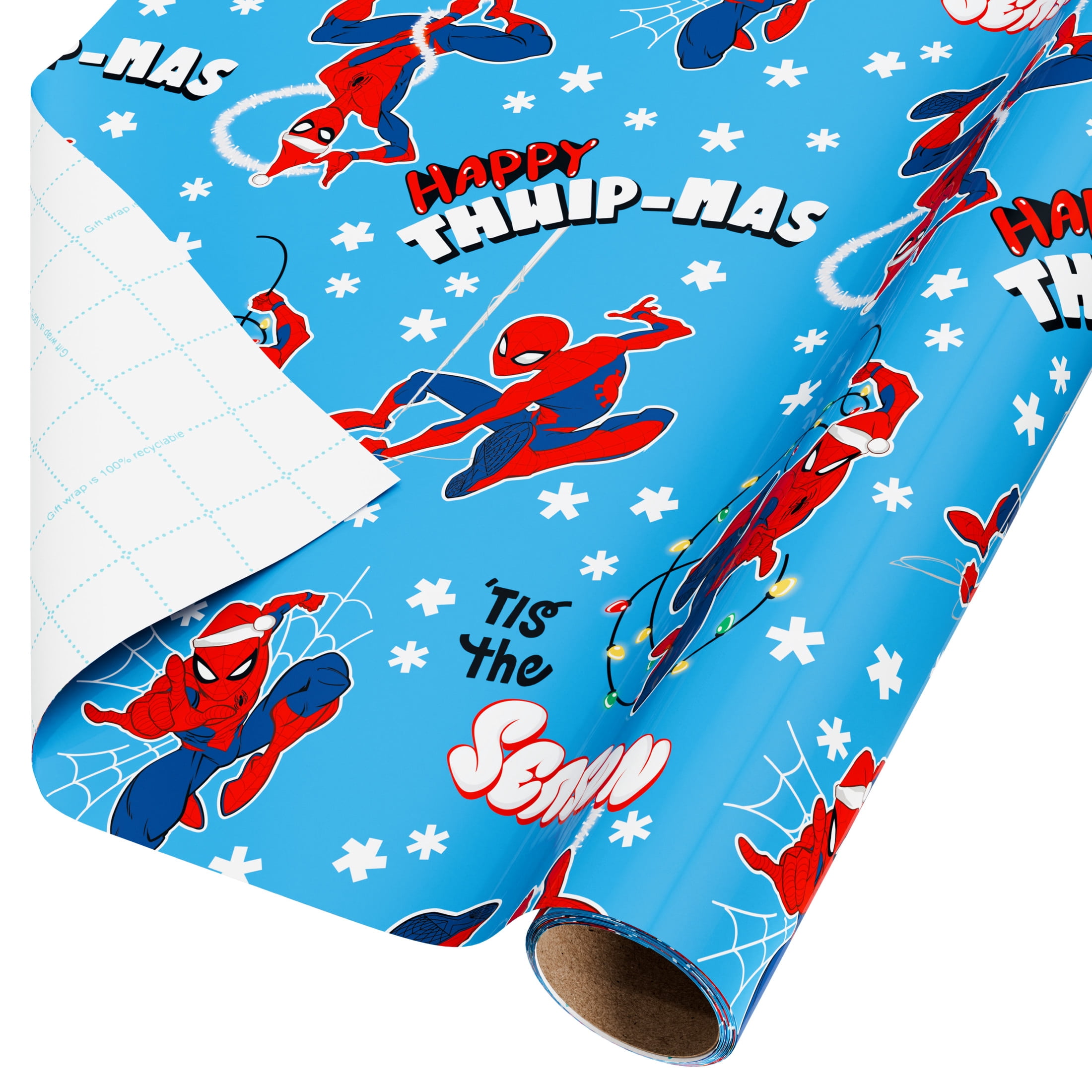 Plus Mark 40 in. Spiderman Blue Christmas Wrapping Paper with Cutlines, Tis the Season (60 Sq. ft., 1-Roll)