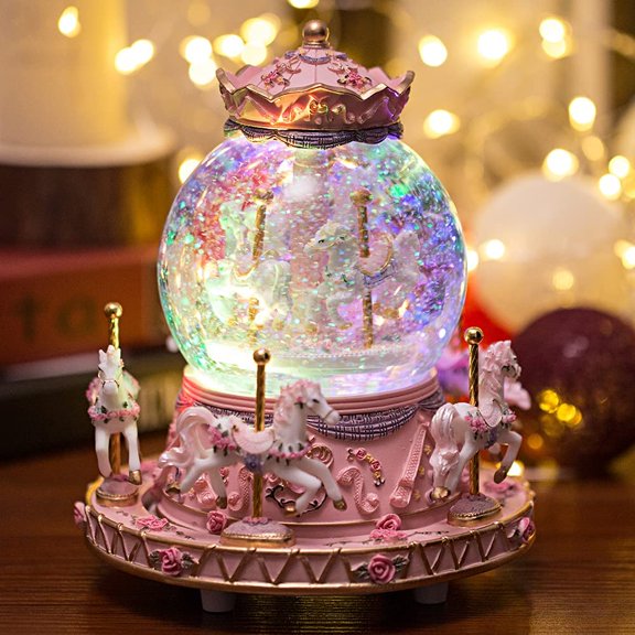 Gift-Wrapped Musical Snow Globe Carousel Music Box Color Lights Horses Unicorn Decor Gifts for Girls and Daughter Granddaughter Niece Women Christmas Birthday