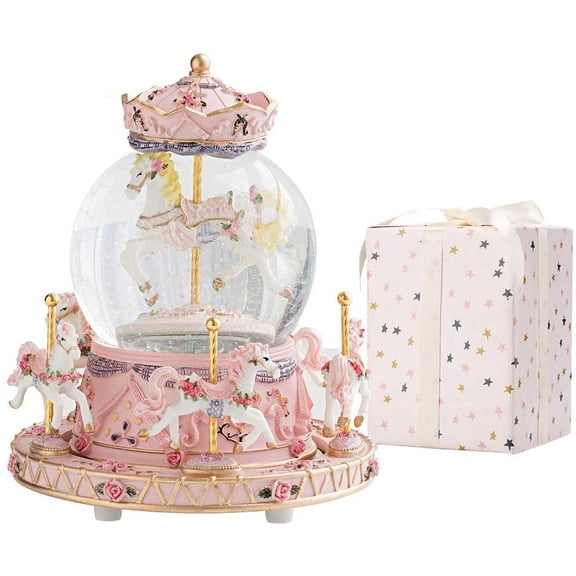 Gift-Wrapped with Ribbon Musical Snow Globe Carousel Music Box Color Lights Horses Unicorn Decor Gifts for Girls and Daughter Granddaughter Niece Women Kids Christmas Birthday