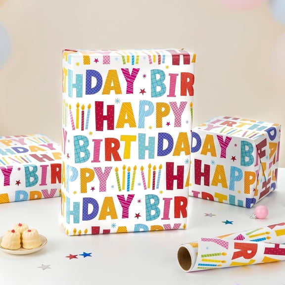 Gift Wrapping Paper 58"x 23" inchs , Birthday Wrapping Paper Roll, Colorful Happy Birthday Lettering and Candle Gift Wrap Paper for Birthday, Party, Baby Shower, Holiday
