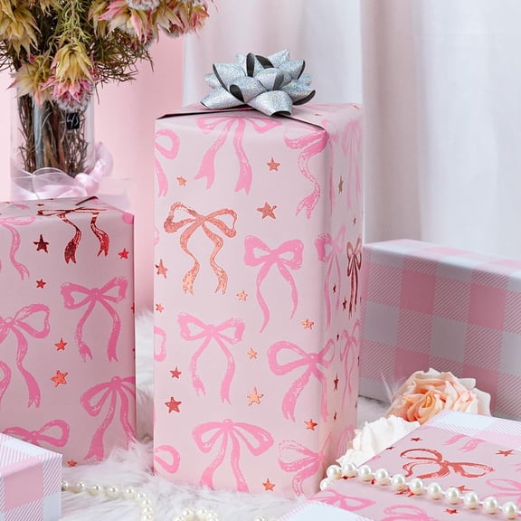 Gift Wrapping Paper 58"x 23" inchs , Pink Wrapping Paper Roll, Cute Bow Gift Wrap | Reversible Plaid Gift Paper for Girl Baby Shower, Birthday, Wedding, Bridal Shower, Memorial Day