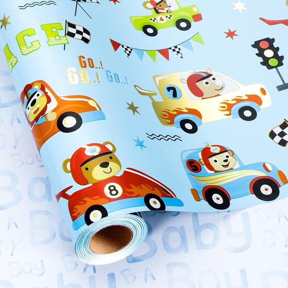 Gift Wrapping Paper 58"x 23" inchs , Race Car Wrapping Paper for Kids Boys - Blue Animal Race Car Gift Wrap