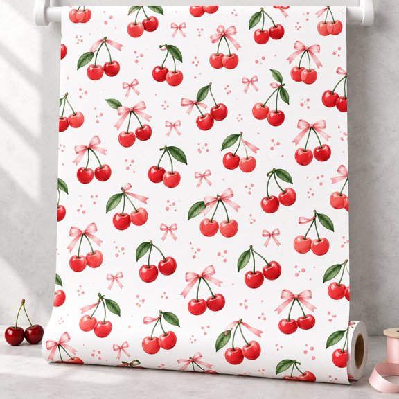 Gift Wrapping Paper Cherry Bows Paper Roll for Holiday Birthday Gifts