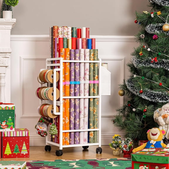 Gift Wrapping Paper Organizer Storage Cart with Adjustable Rods, White Metal  Supply Stand