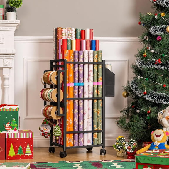 Gift Wrapping Paper Organizer Storage, Rolling Gift Wrap Stand with 9 Adjustable Rods, Ribbon Holder, 12 Slap Bands, Black