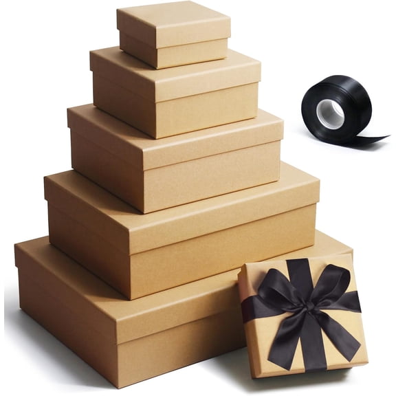 Gift boxes with lids, Natural and Rustic Kraft Box for Present Wrapping, Set of 6 Sturdy Wrap Boxes, Come Ribbon