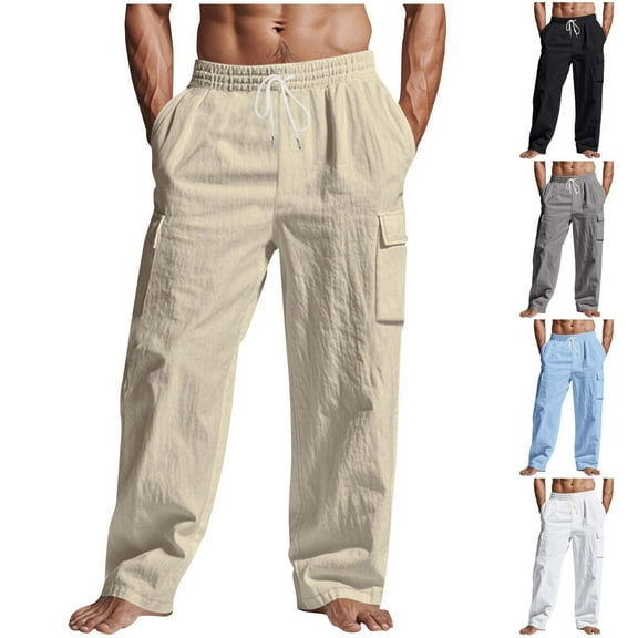 Gift for Father's Day Summer Fashion Pants for Men Trendy 2025 Casual Solid Color Pocket Elastic Waistband Straight Full Length Up to 65% off!