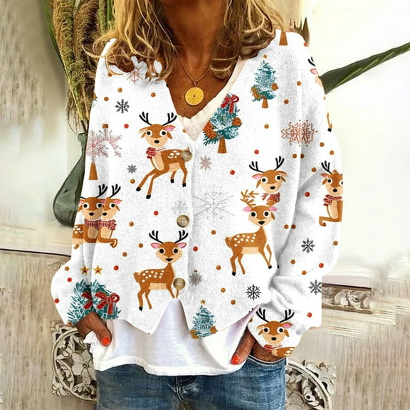 Gift for Girls Ofreoo Women‘s Casual Cardigan Button Christmas Printed Fashion Jacket Top Cardigan Sweaters for Women Lightweight