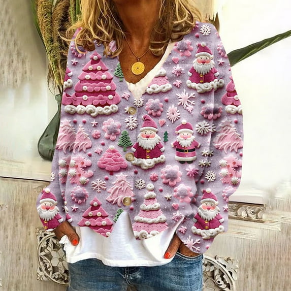Gift for Girls Ofreoo Women‘s Casual Cardigan Button Christmas Printed Fashion Jacket Top Cardigan Sweaters for Women Lightweight