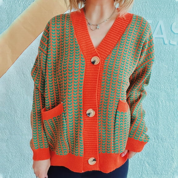 Gift for Girls Ofreoo Womens Knitted Contrasting Cardigan Sweater V-neck Sweater Fall Clothes for Women 2024