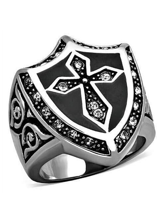 Gift for Him Men's Rings Stainless Steel Cross Shield Silver