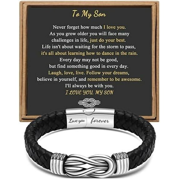 Gift for Men Black Braided Leather Infinity Bracelet Forever Linked Together Stainless Steel Engraved with Love You Forever Jewelry 7.5|8.5|9 Inches
