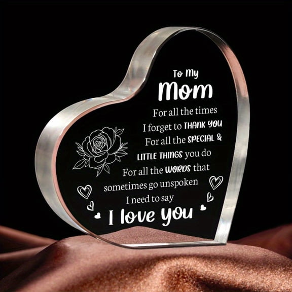 Gift for Mom Acrylic Heart Sign I Love You Mom Laser Engraved Plaque with Flower Design Mothers Day Birthday Home Desk Decor