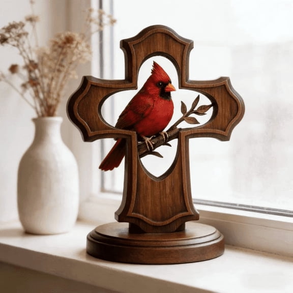 Gift for Mom Grandma, Cardinal Figurine Home Decor, Small Religious Cross Statue, Thoughtful Present for Elderly Women