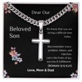 thumbnail image 1 of Gift for Son From Mom & Dad Faith for Facing Difficult Time Cross Necklace - Cuban Link Chain with Artisan Cross, 1 of 5