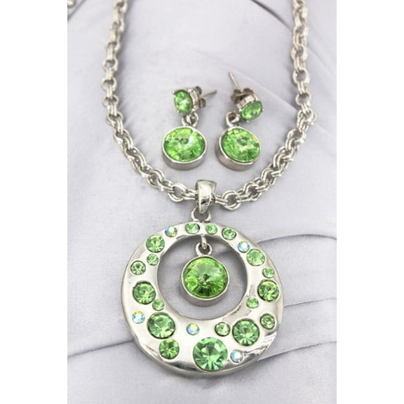 Gift set: Genuine Crystal with Rhodium Round Charm Necklace & Earring Set - Rhodium Plating - Green - NE-ST1039SVGN