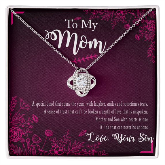Gift to Mother from Son Heart Pendant Necklace - Love Knot Necklace - White/Yellow Plated - Message Card & Gift Box