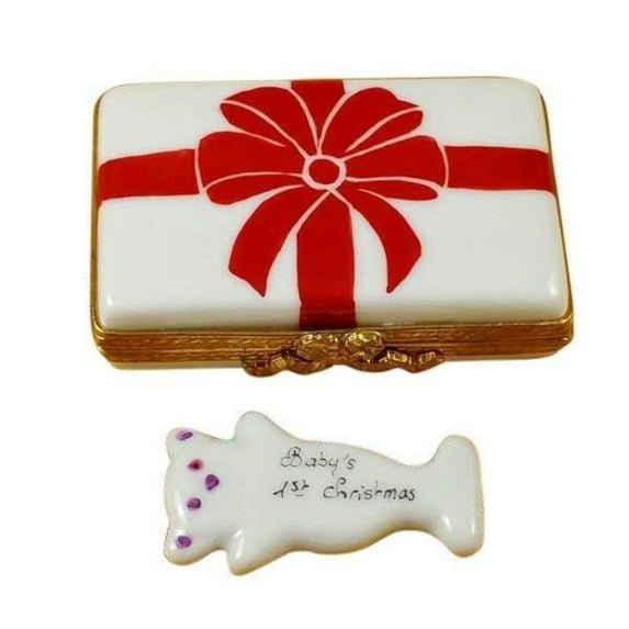 Gift Box with Red Bow | Pink Limoges Baby's First Christmas Limoges Box Porcelain Figurine