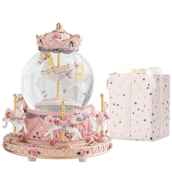 Gift-wrapped With Ribbon Musical Snow Globe Carousel Music Box Color Lights Horses Unicorn Decor Gifts Girls And Daughter Granddaughter Niece Women Kids Christmas Birthday