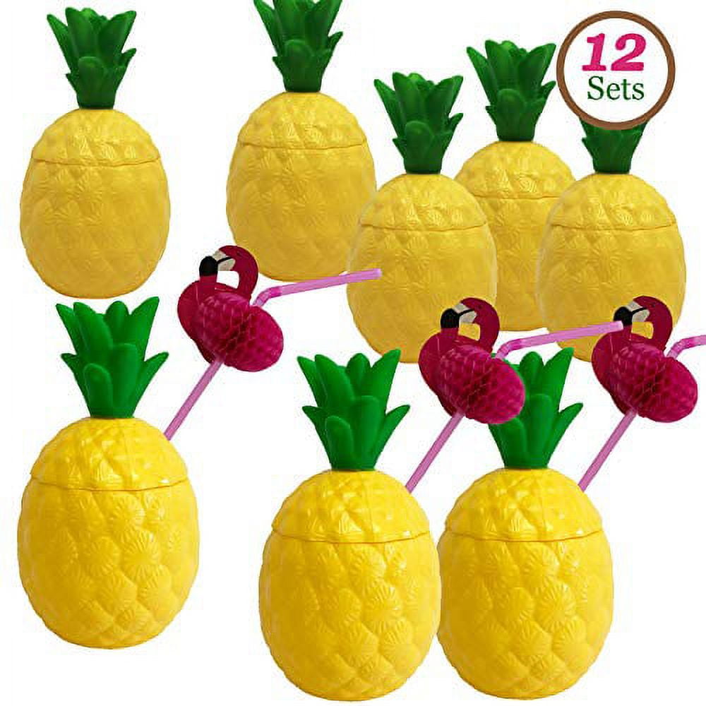 AGG GiftExpress 12-Pack Plastic Pineapple Cups with Flamingo Straws, Hawaiian Party Cups Luau Aloha Party Favor